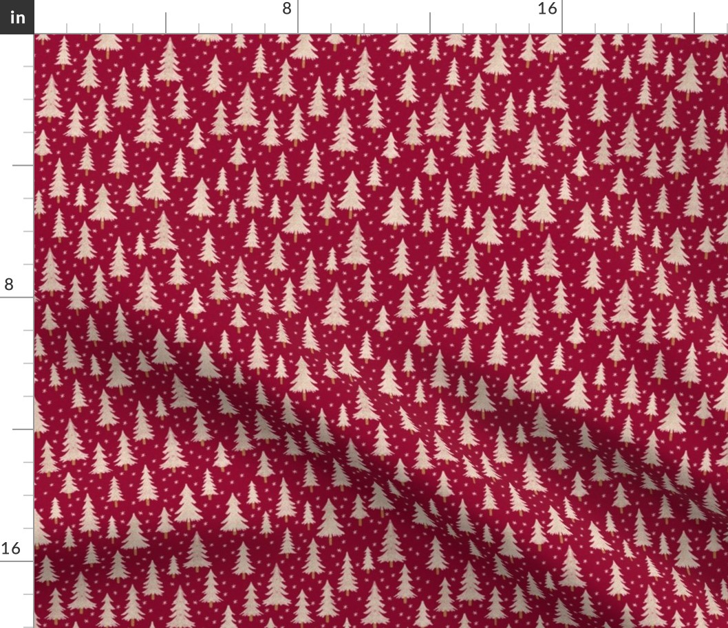 444 - Small scale pine fir Christmas trees  in magnificent maroon and off white with snowy textures and twinkling stars, for chilcren/kids apparel, festive pjs, holiday loungewear, gift bags, patchwork, kids crafts and sewing prjects.