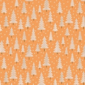 444 - Small scale pine fir Christmas trees  in pretty soft pinky orange and taupe with snowy textures and twinkling stars, for chilcren/kids apparel, festive pjs, holiday loungewear, gift bags, patchwork, kids crafts and sewing prjects.