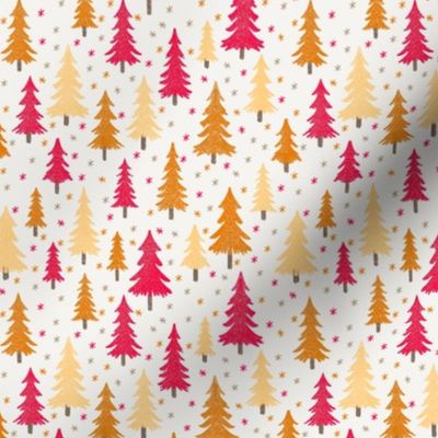 444 - Small scale pine fir Christmas trees  in hot pink, pretty mustard and soft pastel yellow with snowy textures and twinkling stars, for chilcren/kids apparel, festive pjs, holiday loungewear, gift bags, patchwork, kids crafts and sewing prjects.