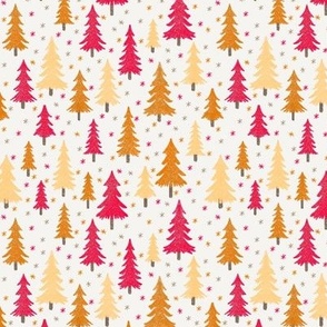 444 - Small scale pine fir Christmas trees  in hot pink, pretty mustard and soft pastel yellow with snowy textures and twinkling stars, for chilcren/kids apparel, festive pjs, holiday loungewear, gift bags, patchwork, kids crafts and sewing prjects.