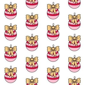 443 - Small scale pink Christmas baubles in rows, with pretty yellow bows on white - for kids apparel, festive projects and patchwork