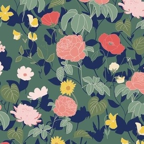 Floral garden//Green//Large scale//wallpaper//home decor//fabric