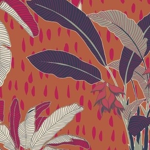  Tropical Rain exotic palms// tropical trees //orange,magenta,purple //large  scale// wallpaper// fabric//home decor