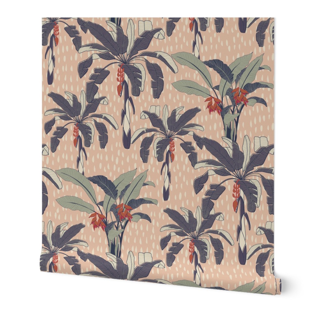  Tropical Rain exotic palms// tropical trees //pink,sage,orange //Large scale// wallpaper// fabric//home decor