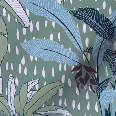  Tropical Rain exotic palms// tropical trees blue green //Large scale// wallpaper// fabric//home decor 