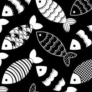 Black and white fish - textures - boho - fun - home decor - bedding - wallpaper - quilt - maximalist.