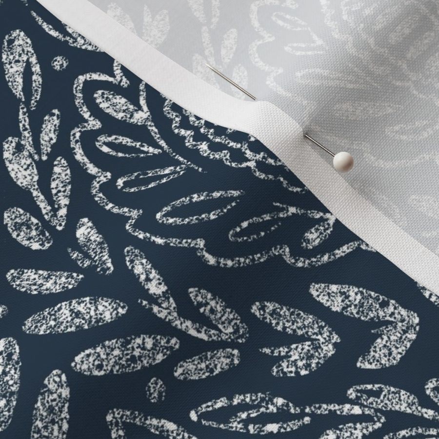 Distressed White Damask Leaves on dark navy blue