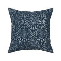 Distressed White Damask Leaves on dark navy blue