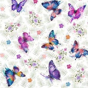 Fern Leaf Butterfly Floral Nature Watercolour in Pink Lilac Purple Blue Orange