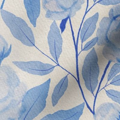 French Country Rose//cerulean blue//medium scale//water colour//wallpaper//home decor//fabric