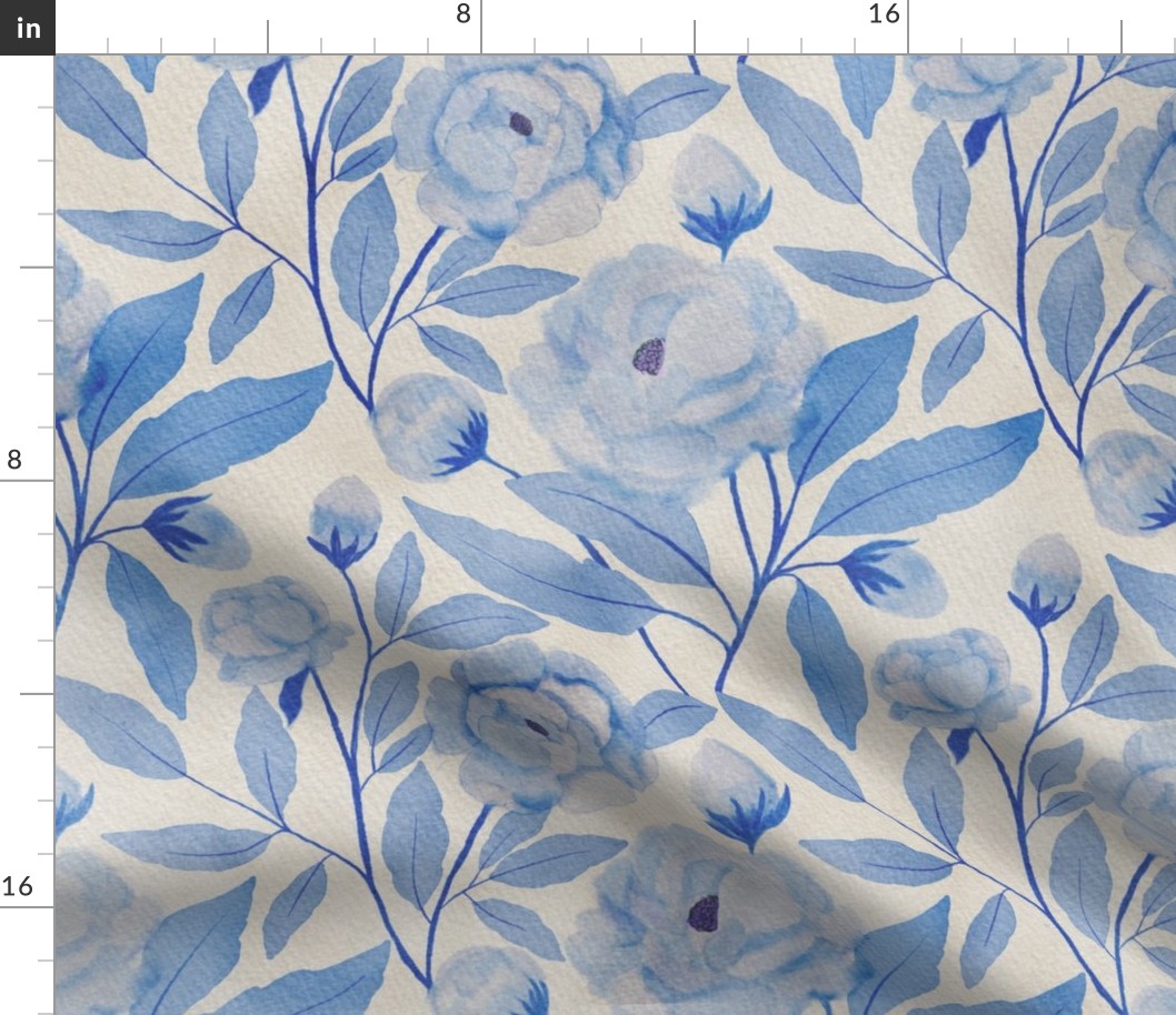 French Country Rose//cerulean blue//medium scale//water colour//wallpaper//home decor//fabric