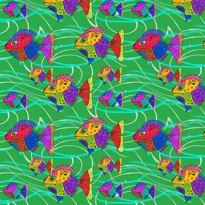 Little colorful fish love deep under the ocean hand-drawn fabric art pattern