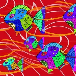 Fishes in the ocean colorful hand-drawn art design fabric pattern