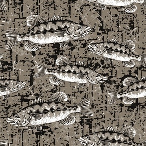 Largemouth Bass Fish Monochromatic Camo Pattern - Bark Brown - Large Repeat 