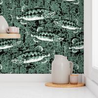 Largemouth Bass Fish Monochromatic Camo Pattern - Pond Green - Large Repeat 