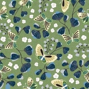 Colorful Butterfly Garden - Dancing Butterflies in Nature Botanical Flowers Florals in navy blue yellow green white gray tones