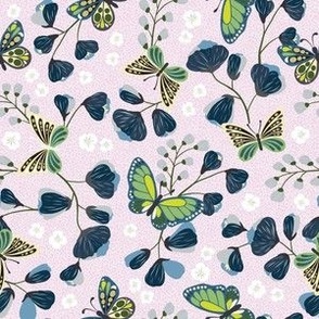 Colorful Butterfly Garden - Dancing Butterflies in Nature Botanical Flowers Florals in navy blue, pink, green, yellow  tones