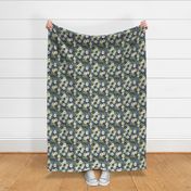 Nature Botanical Hand Drawn Flower Blossoms Bunches Scattered in a Vibrant Colorful Pattern of blue yellow black gray grey white green tones