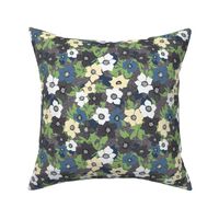 Nature Botanical Hand Drawn Flower Blossoms Bunches Scattered in a Vibrant Colorful Pattern of blue yellow black gray grey white green tones
