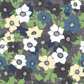 Colorful Floral Bunches in blue yellow black gray grey white green tones