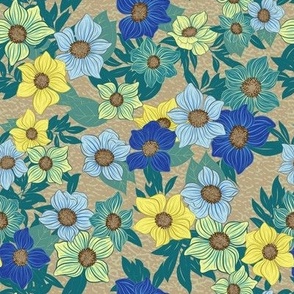 Nature Botanical Hand Drawn Flower Blossoms Bunches Scattered in a Vibrant Colorful Pattern of blue green aqua yellow beige tones