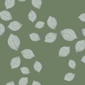 Hydrangea Leaves in Light Gray Tossed on Dark Green Large Scale