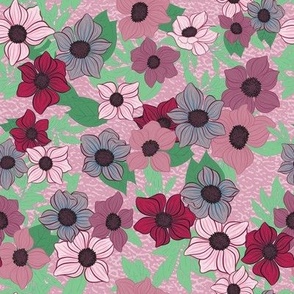 Nature Botanical Hand Drawn Flower Blossoms Bunches Scattered in a Vibrant Colorful Pattern of pink red blue mint green tones