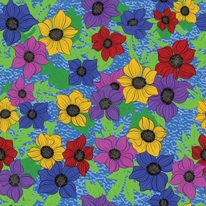 Nature Botanical Hand Drawn Flower Blossoms Bunches Scattered in a Vibrant Colorful Pattern of navy blue turquoise purple red yellow orange green black tones