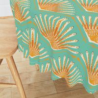 Retro ski art deco style orange on turquoise blue-Medium