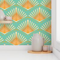 Retro ski art deco style orange on turquoise blue-Medium