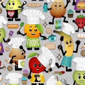 Kitchen Chef Fruit Emojis with Gray Background // Humorous Kitchen Decor // Apple, Banana, Pear, Orange, Strawberry // V2 // Medium Scale - 450 DPI