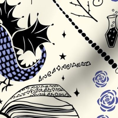 (L) Dragon Spell Whimsigothic Spellbook, Wand, Pendulum, Potions Antique Cream and Purple