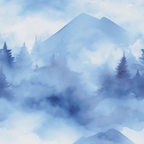 Misty Mountain Escape Rural Watercolor Landscape In Shades Of Blue Large Scale