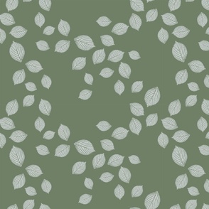 Hydrangea Leaves in Light Gray Tossed on Dark Green Medium Scale