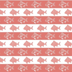 block print fish on a dark coral pink and white wide stripe