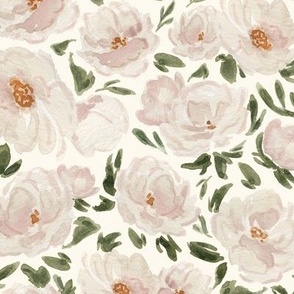 Medium - Giant Creamy Watercolour Florals - Off White