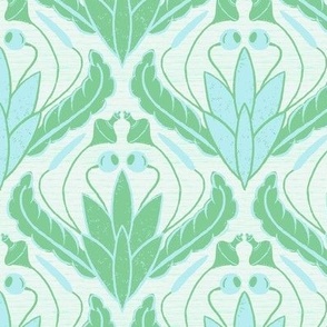 Moss Ogee Damask (Medium) -  La Palma Green and Polar Blue on Gin White (TBS120)