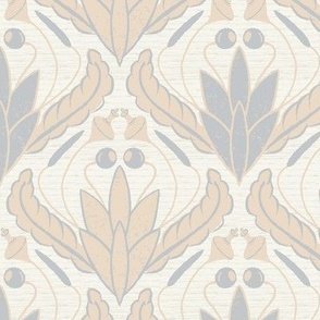 Moss Ogee Damask (Medium) - Soft Taupe and Silvery Gray on Cream  (TBS120)