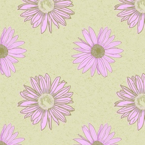 6 Inch Pink Daisy Flowers Scattered on Pastel Green. 