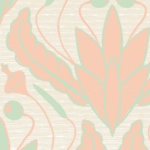 Moss Ogee Damask (Large) -  Coral and Mint Green on Linen Cream  (TBS120)