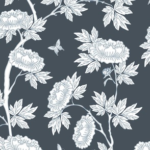 Monochrome Black and Gray Chinoiserie of Peony Flowers and Leaves with Butterflies
