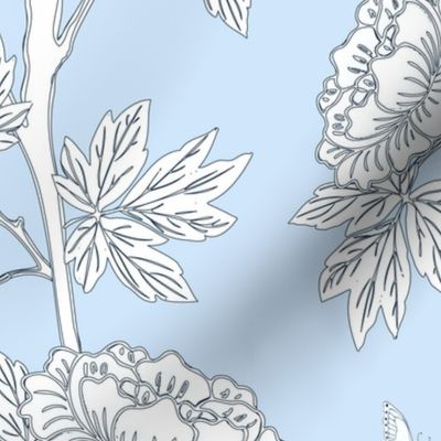 Classic Chinoiserie of Peony Flowers with Butterflies in Robins Egg Blue