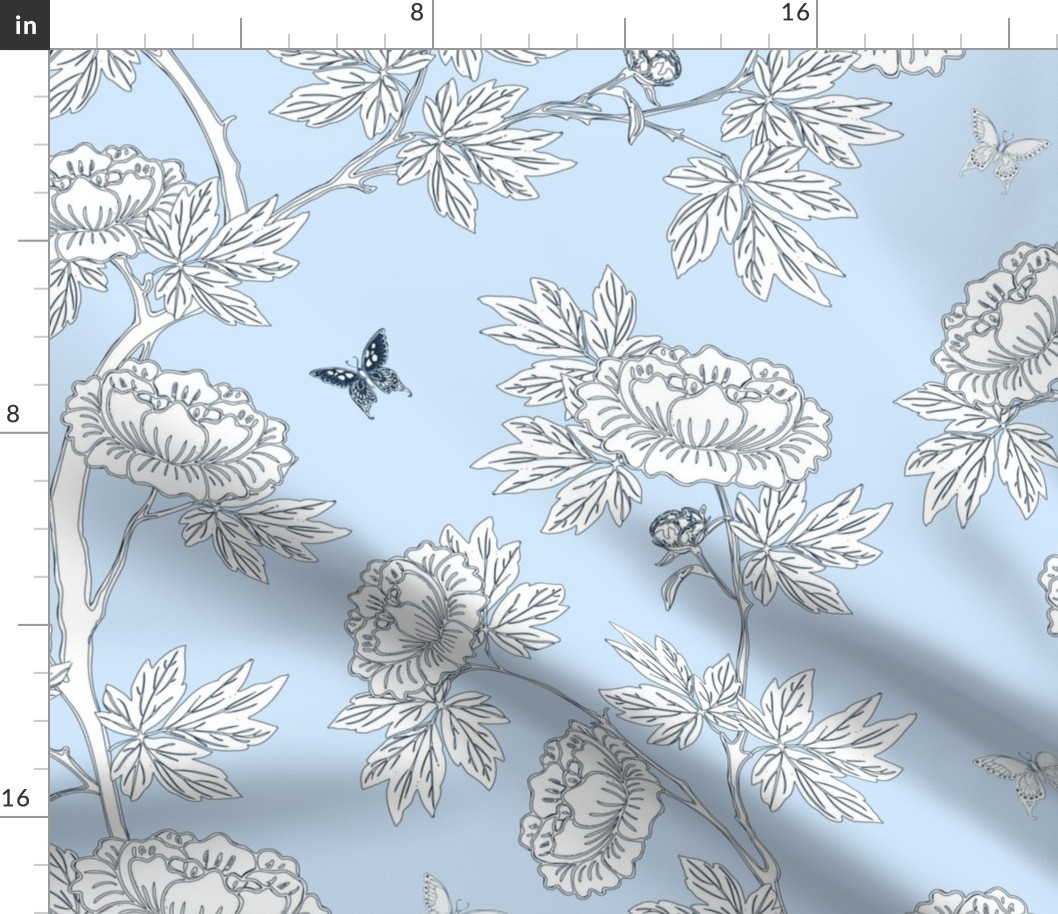 Classic Chinoiserie of Peony Flowers with Butterflies in Robins Egg Blue