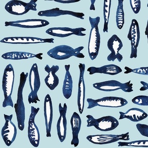 xl - Fish in dark blue watercolor checkered on light blue