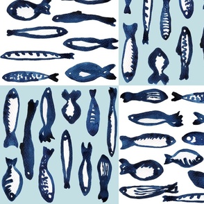 xl - Fish in dark blue watercolor checkered on white and light blue