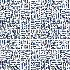 medium - Fish in dark blue watercolor checkered on white