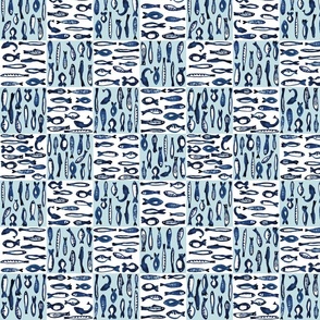 medium - Fish in dark blue watercolor checkered on white and light blue