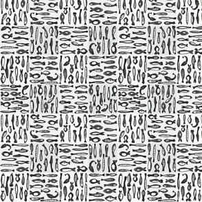 medium - Fish in dark gray retro hand painted look checkered on white and platinum grey