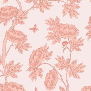 Duotone Coral and Pink Chinoiserie of Peony Flowers with Butterflies