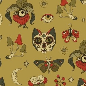 Whimsical mushrooms, cats  and eye flowers